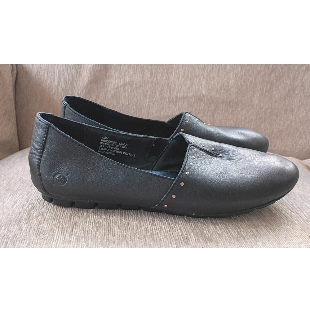 Born Black Leather Studded Slip On Loafers Flats‎ Womens 9.5M Comfort